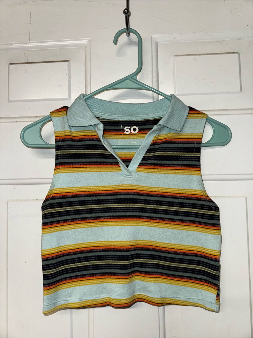 SO Striped Sleeveless Polo Tank in Light Blue with Multicolor Bands